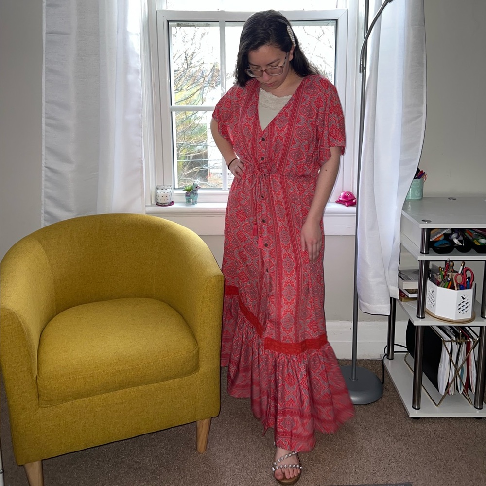 Boemo Maxi Red Abstract Floral Dress with Tassels